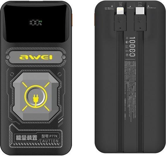 Awei PowerBank z wbudowanym kablem Lightning/USB-C P77K 10000mAh czarny/black 22.5W (10000 mAh, 22 W, 37 Wh)