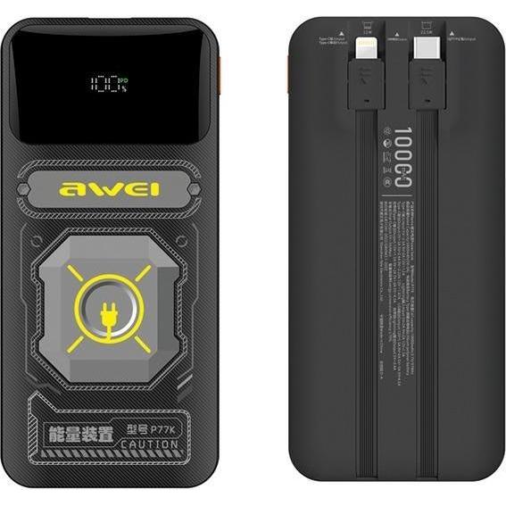 Awei PowerBank z wbudowanym kablem Lightning/USB-C P77K 10000mAh czarny/black 22.5W (10000 mAh, 22.50 W, 22.50 Wh), Powe...