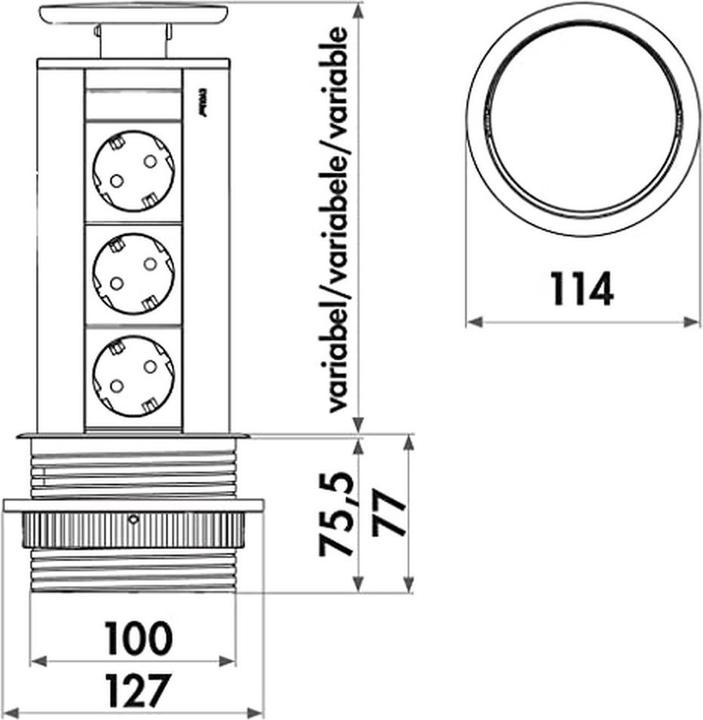 Productafbeelding Evoline Poortcontactdoos-uitvoerelement zwart, 3x Schuko wipdeksel zwart (3 x, CEE 7/3, 3 m)
