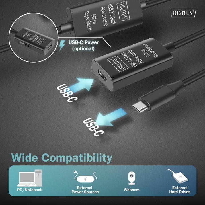 Actual product image Digitus Active USB 3.2 Gen1 5G extension cable, USB-C - USB-C, 10m (10 m, USB 3.2 Gen 1)