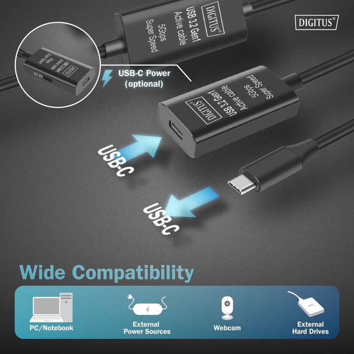 Produktbild Digitus Aktives USB 3.2 Gen1 5G Verlängerungskabel, USB-C - USB-C, 10m (10 m, USB 3.2 Gen 1)