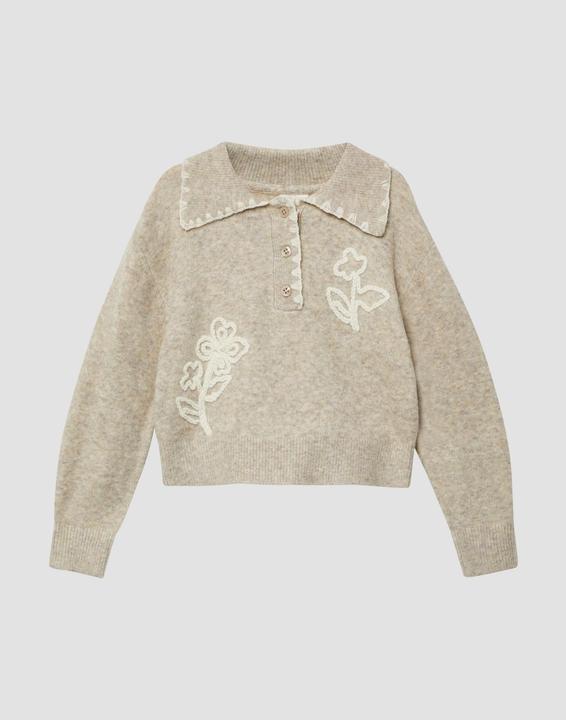 Produktbild s.Oliver Strickpullover Pullover mit Polokragen und floralen Stickerei-Details (92, 98)