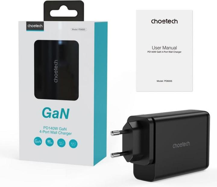 Produktbild Choetech Ladegerät GaN 140W 4 Ports (2x USB C, 2x USB) schwarz (PD6005) (140 W, 1 Port)