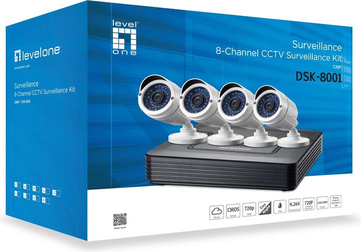 Produktbild LevelOne CCTV 8-Kanal Fix Out H.264 IR 4xCam (1920 x 1080 Pixels, 1280 x 720 Pixels)