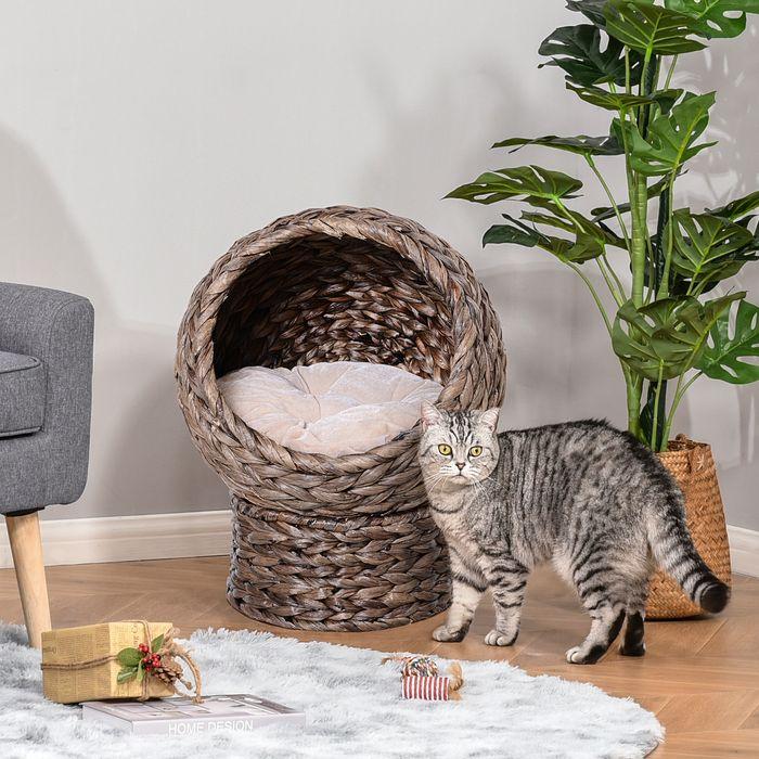 Produktbild Swisshandel24 Rattan Katzenkorb Katzenhöhle Katzenhütte Katzenbett mit Kissen Haustierbett Wasserhyazinthe Dunkelb (Katze)