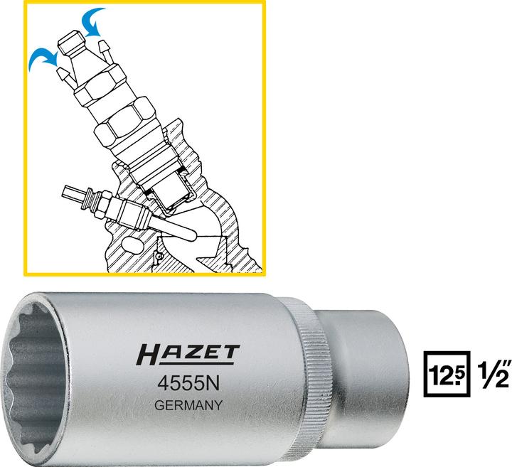 Produktbild HAZET Einspritzdüsen-Werkzeug 4555N ∙ Vierkant12,5 mm (1/2 Zoll) ∙ Aussen Doppel-Sechskant Profil ∙ … (27 mm)