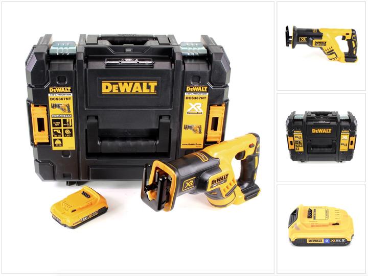 1x DeWalt DCS 367 NT 18V reciprocating saw, 1x Dewalt DCB 183 18 V 2.0 Ah Li-Ion battery, 1x DeWalt TSTAK II box