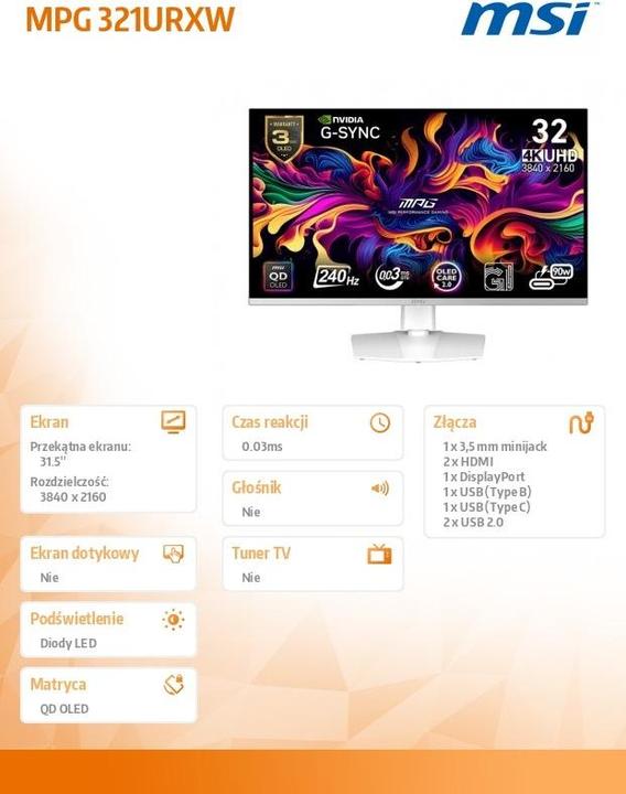 Produktbild MSI MPG 321URXW QD-OLED (3840 x 2160 Pixel, 31.50")
