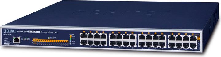 Actual product image Planet Injector Hub 16-Port Gigabit 60W Ultra PoE Managed 600 Watts PoE Budget (802.3af (PoE), 802.3at (PoE+), 600 W)