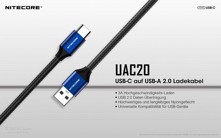 Image du produit Nitecore CABLE USB-C TO USB-A 2.0 1M/CHARGING UAC20 (1 m, USB 2.0)