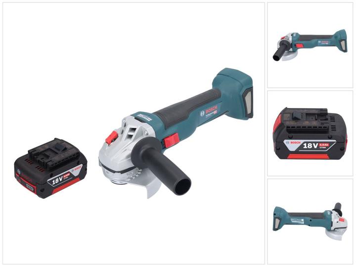 Batterie Li-Ion 5,0 Ah, 1x Bosch GWS 18V-10 Professional Meuleuse angulaire sans fil, 1x écrou de serrage rapide, 1x capot de protection, 1x flasque de fixation, 1x Bosch GBA 18 Volt