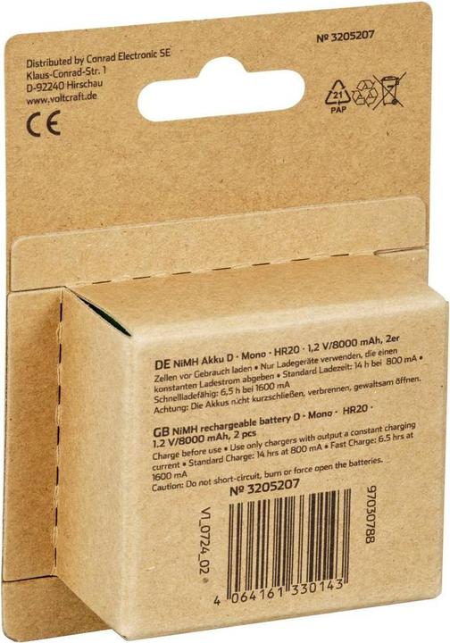 Produktbild Voltcraft VC-16026035 Mono (D)-Akku NiMH 8000 mAh 1.2 V 2 St. (2 Stk., 8000 mAh)