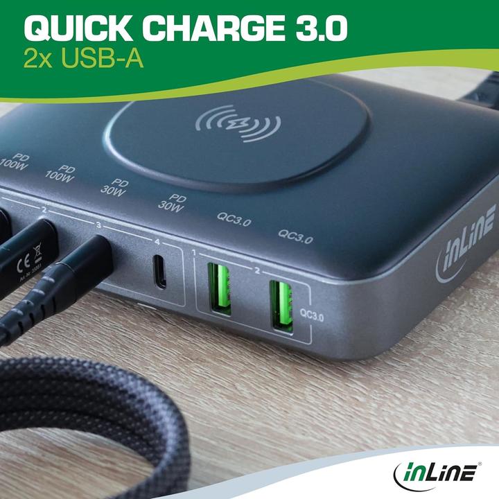 Immagine prodotto InLine Qi Powerstation Multiport, alimentatore, caricatore, 4x USB Tipo-C, 2x USB Tipo-A, GaN, 100W, cavo (100 W, 6 porte)