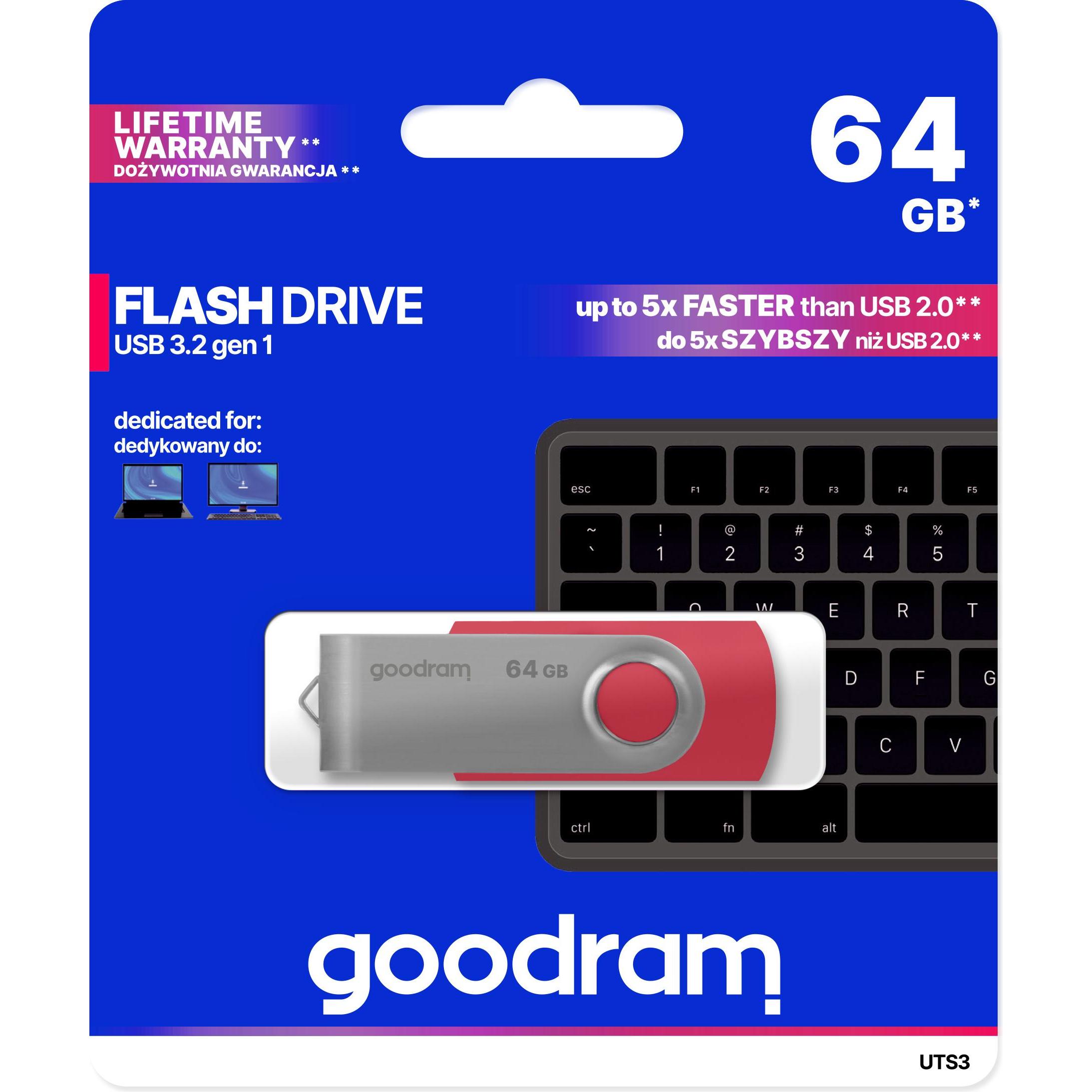 Thumbnail - Goodram UTS3 64GB USB 3.0 (3.1 Gen 1) Typ A Rot USB-Stick (64 GB, USB-A, USB 3.0), USB Stick, Rot