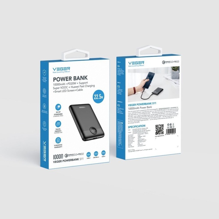 Produktbild Veger S11 Powerbank Digital - 10'000mAh (10000 mAh, 22.50 W, 22.50 Wh)