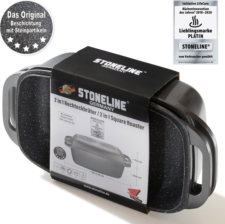 Produktbild Stoneline Bräter 40 x 22 cm mit Deckel, Backofen und Induktion geeignet, Antihaftbeschichtung, grau (Bräter + Schmortopf, Aluminium)