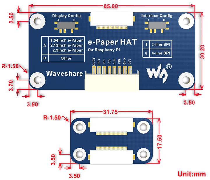 Image du produit WaveShare 800×480 7.5inch 3 couleurs E-Ink Display Raspberry Pi HAT
