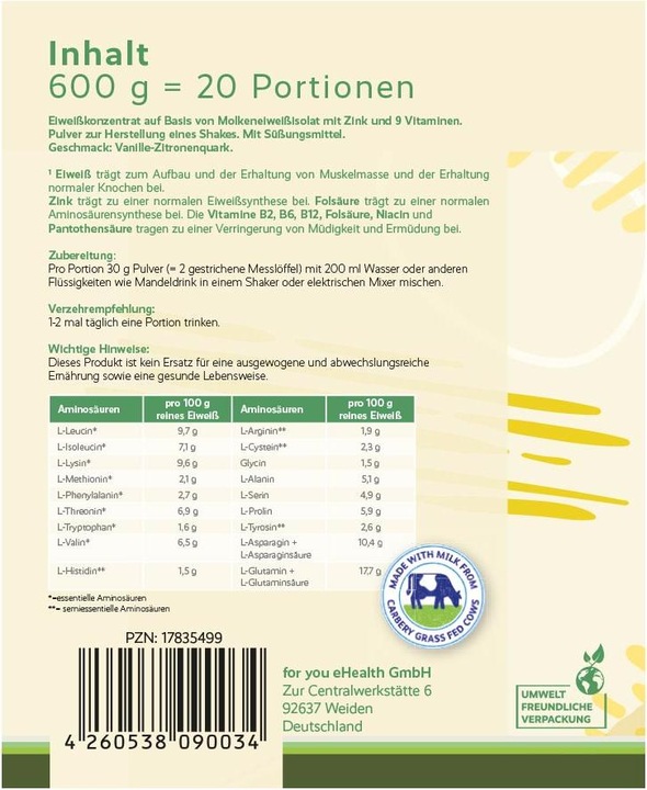 Nährwerte und Zutaten For You whey protein isolate - Vanille-Zitronenquark (Vanille-Zitronenquark, 1 Stk., 600 g)