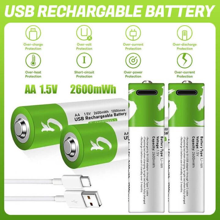 Produktbild PhoneLook Pack von 4 AA Lithium-Ionen-Batterien wiederaufladbar mit USB-C (Kabel inbegriffen) (4 Stk., AA)