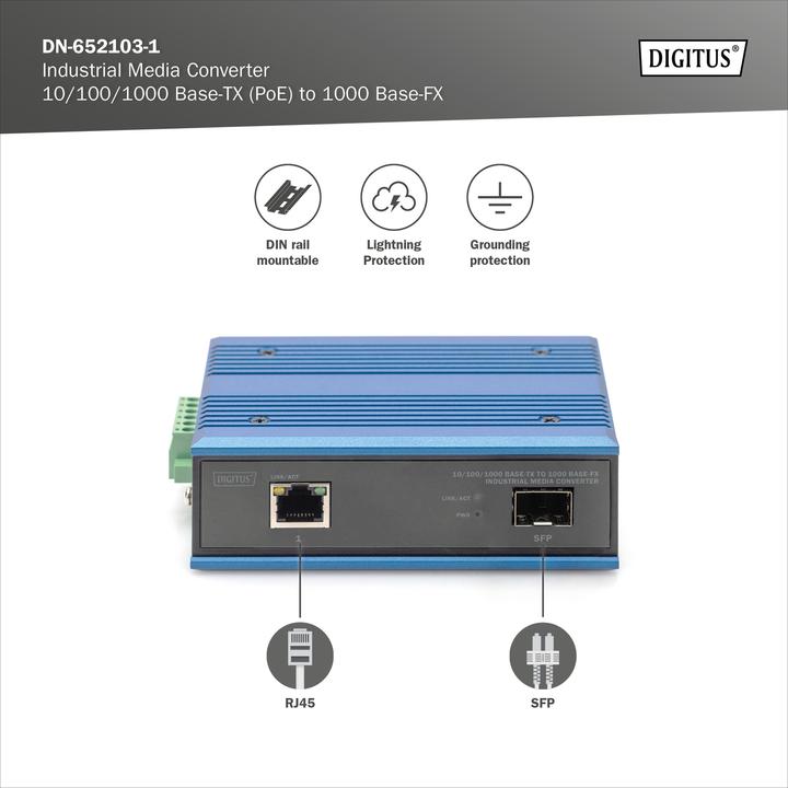 Actual product image Digitus 10/100/1000 Base-TX to 1000 Base-FX Industrial Media Converter (2 ports)
