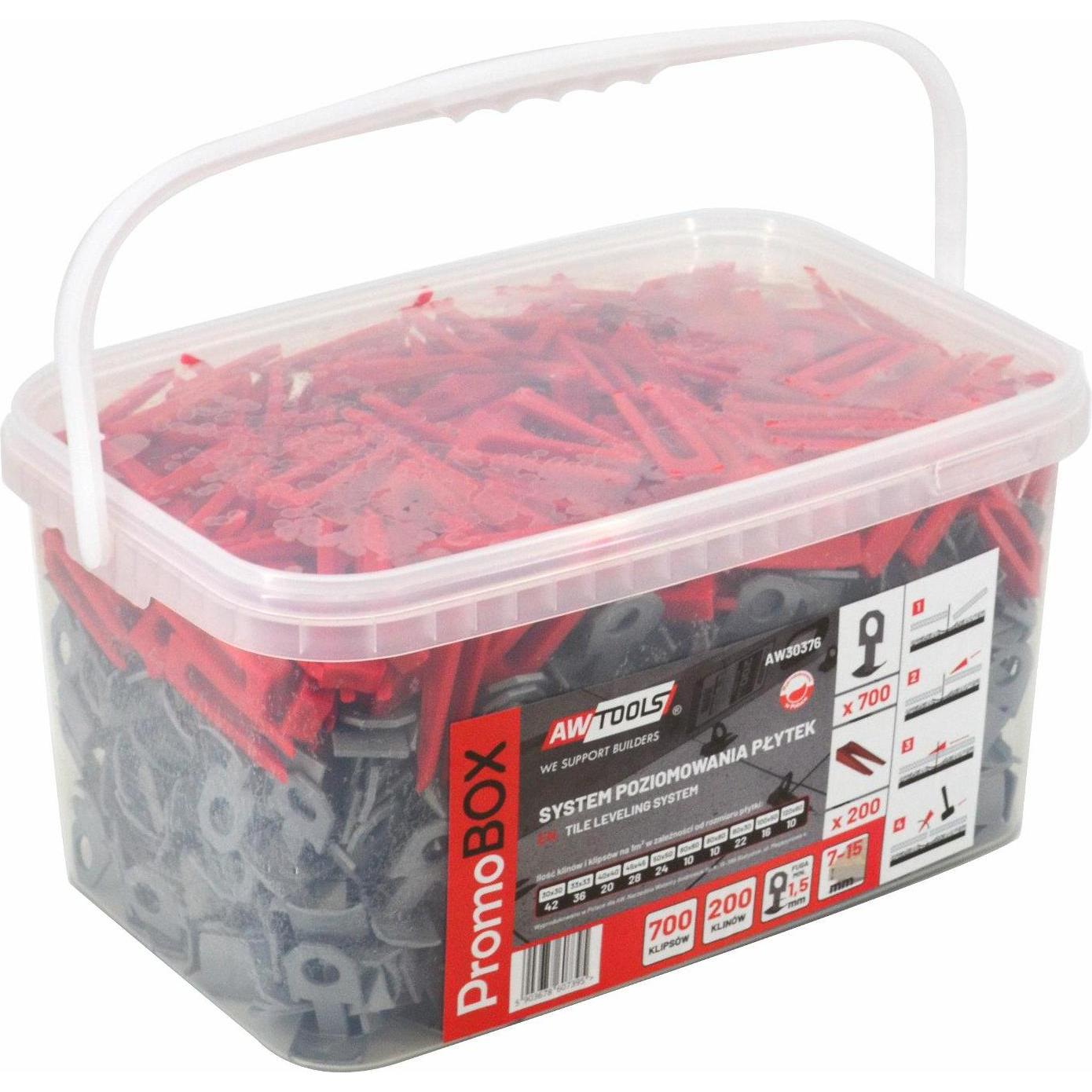 Awtools, Zubehör Verlegematerial, SYSTEM POZIOMOWANIA PŁYTEK PROMO BOX 1,5mm - 7-15mm - KLIPS 700szt. + KLIN 200szt.