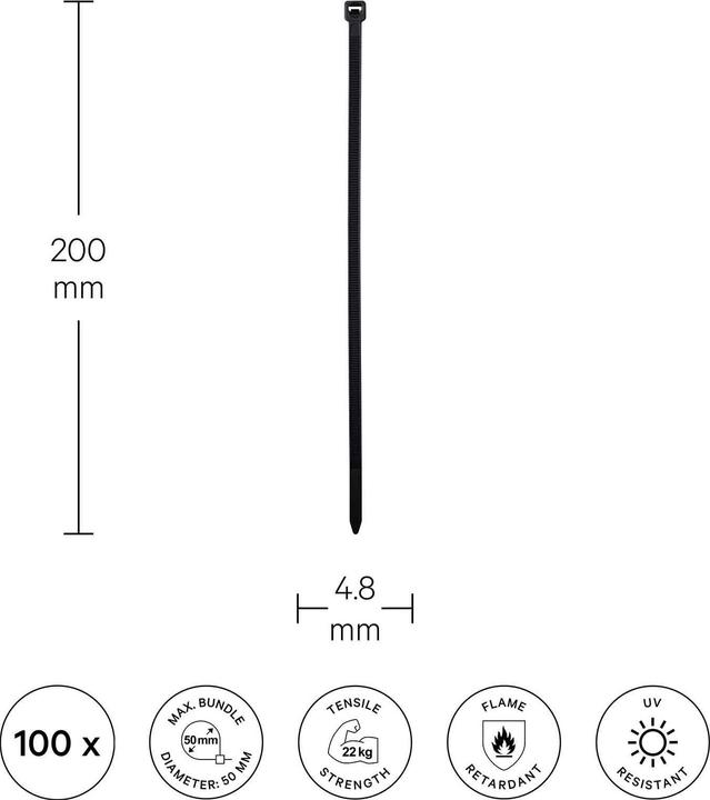 Actual product image Deltalabs Cable ties, black, 100 pcs. (Plastic cable ties, 200 mm, 100 pcs.)