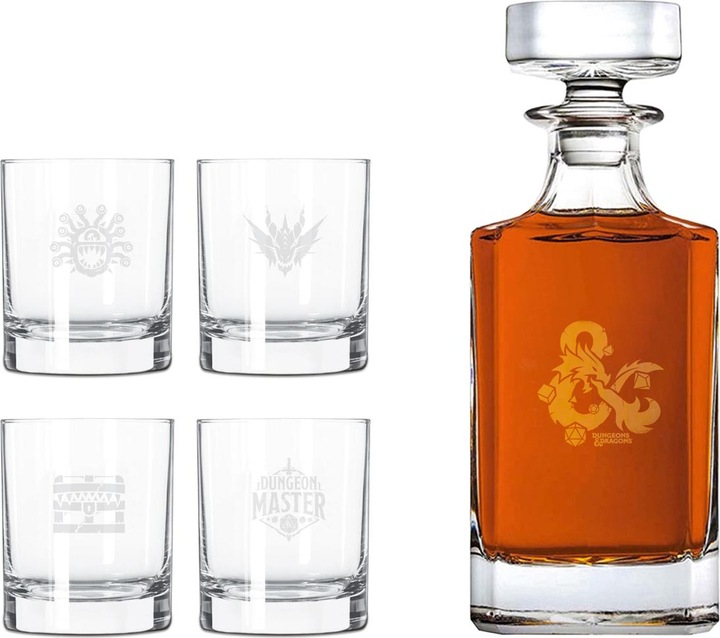 Produktbild Dungeons & Dragons Whiskey Set mit 4 Whiskeygläser und Whiskeyflasche mit Gravur - in hochwertiger Geschenkverpackung (5 x, Whiskygläser)