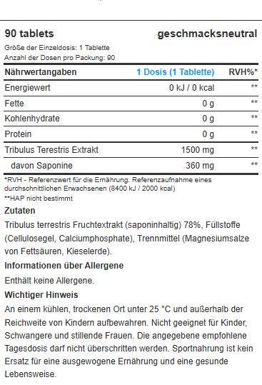 Nährwerte und Zutaten Biotech USA Tribulus Maximus (90 Stück, Tabletten)