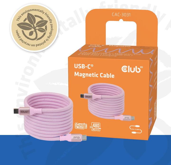 Actual product image Club 3D Club3D Lifestyle USB-C Magnetisches Kabel 240W 2m rosa St/St (2 m, USB 2.0, 240 W)