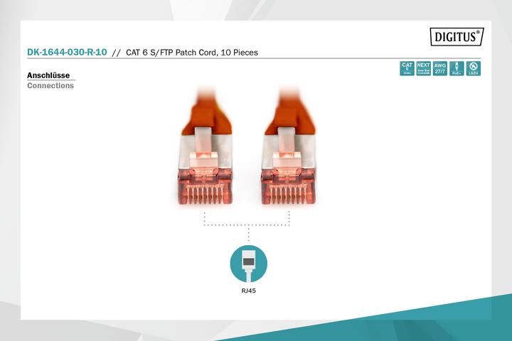 Image du produit Digitus CAT 6 S-FTP Patch cord Cu LSZH AWG 27/7 Longueur 3 m 10 pièces Couleur rouge (S/FTP, CAT6, 3 m)