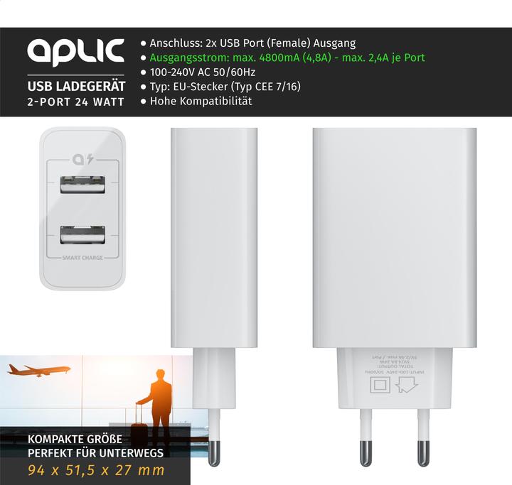 Image du produit Aplic Chargeur USB 4800 mA, banque d'énergie à 2 ports avec Smart Charge + Solid Charge, puissant 24W (24 W, 2 ports)