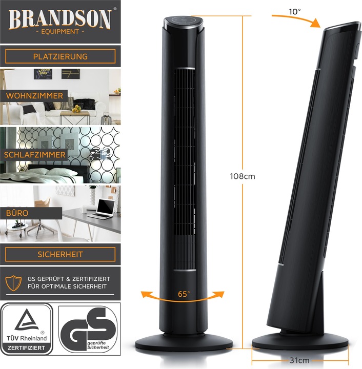 Produktbild Brandson Turmventilator, Fernbedienung, Standventilator 108 cm, 10° neigbar, Oszillation, 4 Modi, schwarz (52 dB)