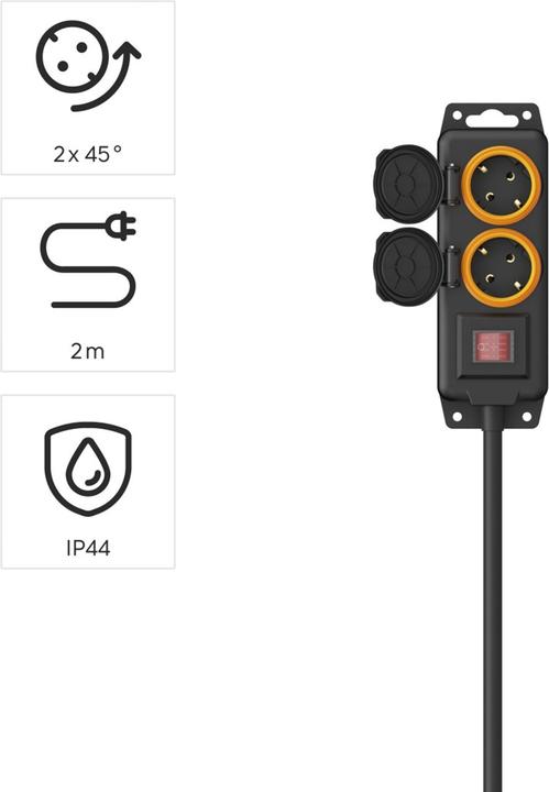 Produktbild Hama Steckdosenleiste, 2-fach, für aussen IP44, Schalter, Wandmontage, 2 m, Schw. (2x, CEE 7/3, 2 m)