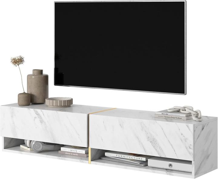 Actual product image Selsey Mirrgo Floating TV Console with Golden Accents and White Marble Finish (140 x 31.60 x 30 cm)