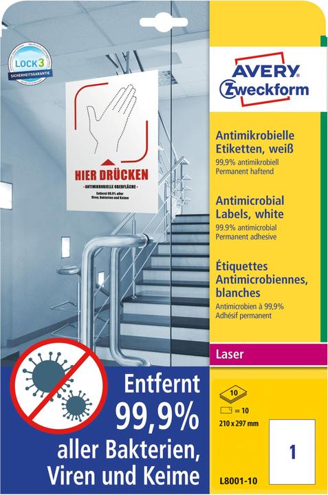 Productafbeelding Avery AVZ L8001-10 Antimicrobiële etiketten 210x297mm wit