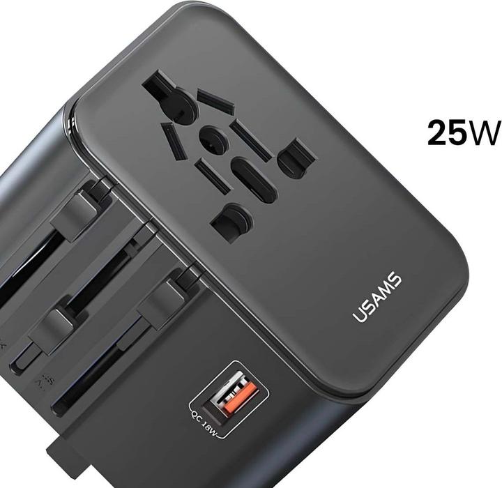 Actual product image Usams Travel Charger Adapter CC309 2xUSB-C 25W 4in1 US/AU/EU/UK black (25 W, 2 ports)
