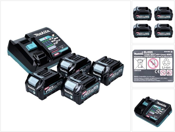 1x Makita DC 40 RA 40 V Schnell Ladegerät XGT LXT (191E07-8), 4x Makita BL 4025 Akku 40 V 2.5 Ah XGT Li-Ion Akku (191B36-3)