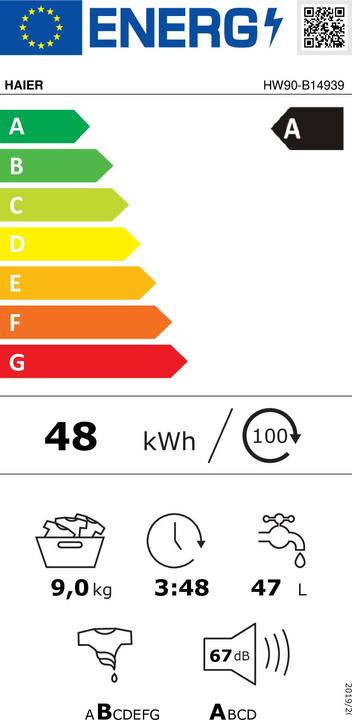 Energy Label Haier I-Pro Series 3 HW90-B14939S8 front loading washing machine 9 kg 1400 rpm A White (9 kg, Left)