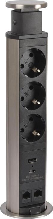Image du produit Legrand Prise encastrable avec ports USB, Ethernet et 3 prises, système élévateur (3x, RJ45, USB-A, USB-C, 2 m)