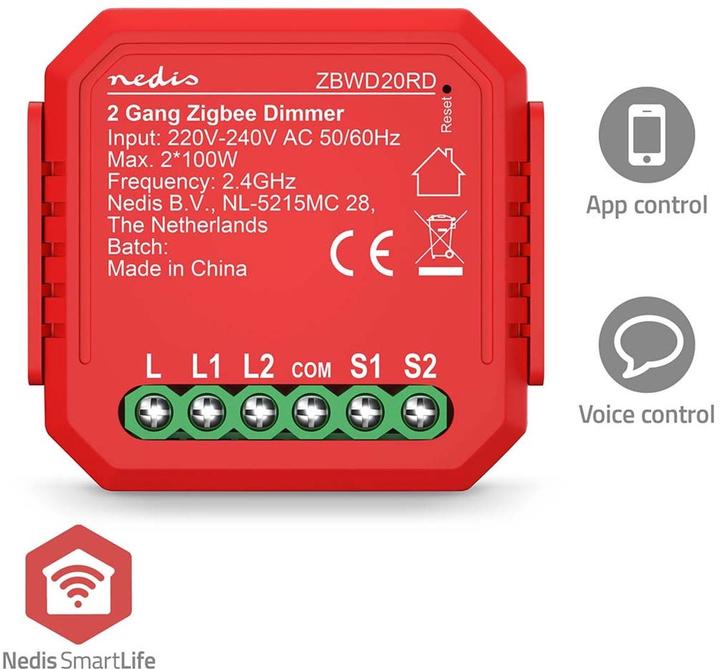 Nedis ZBWD20RD SmartLife Power Switch Zigbee 3.0-2x100 W-Terminal Anschluss-App erhältlich für: Andro