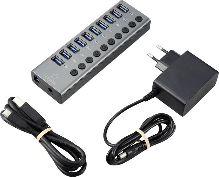 Image du produit Renkforce Commutateur 10 ports USB 3.2 Gen 1 + Hub (USB 3.0) avec boîtier aluminium Argent-Noir (USB-B, USB-C, 10 ports)