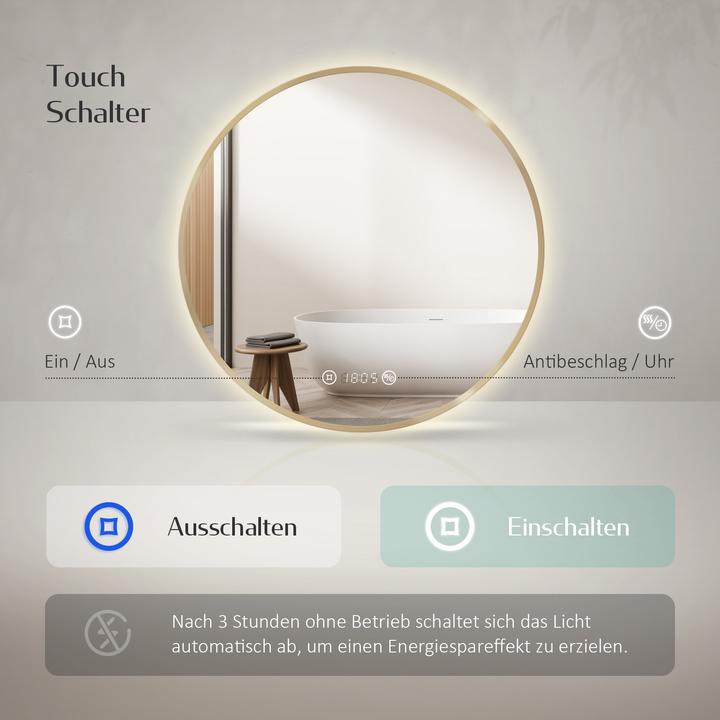 Actual product image Emke Bathroom Mirror With Lighting Φ70cm, Fog-Free, Temperature&Time, Cool-White(6500K), Dimmable. Gold