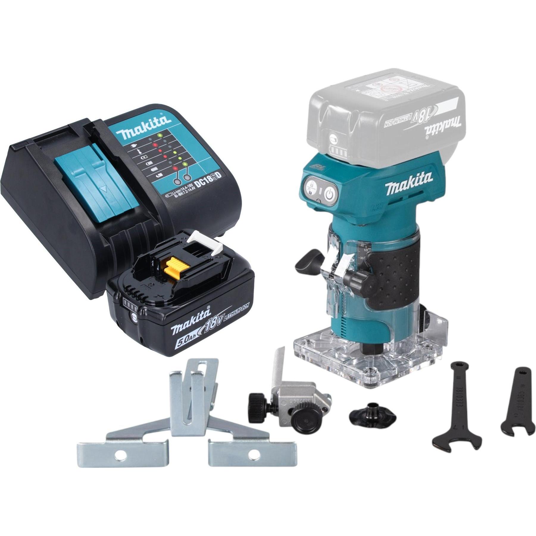 Makita, Fräse, DRT 52 ST1 Akku Kantenfräse 18 V 6 mm Brushless + 1x Akku 5,0 Ah + Ladegerät