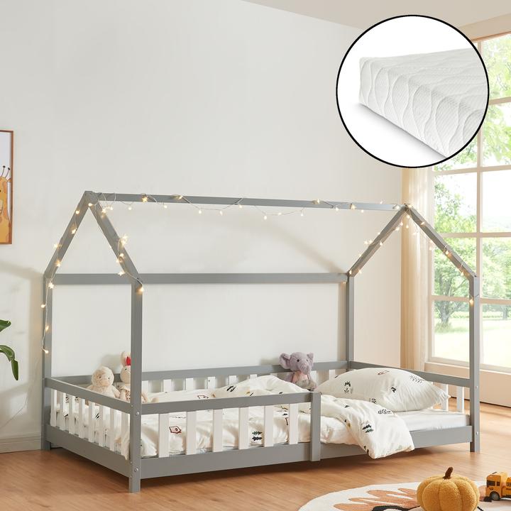 Produktbild En.Casa Hausbett Hesel mit Matratze und Rausfallschutz 140x200cm Grau (200 x 140 cm)