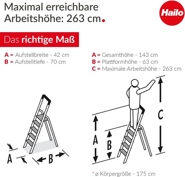 Produktbild Hailo L100 TopLine, Alu-Sicherheits-Stehleiter, 6 Stufen (Stehleiter, 116 cm)