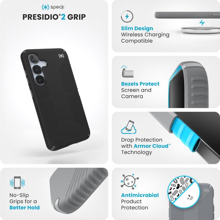 Produktbild speck Presidio2 Grip Samsung Galaxy S25 Black - with Microban (Samsung Galaxy S24, Samsung Galaxy S25)