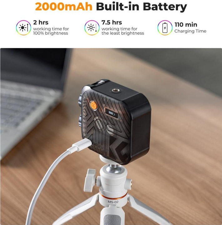 Produktbild K&F Concept RGB LED Video Light, Built-in 2000mA battery (Black) (Videoleuchte)