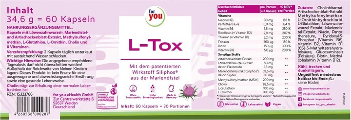 Nutritional values and ingredients For You L-Tox (60 Piece, Capsules)