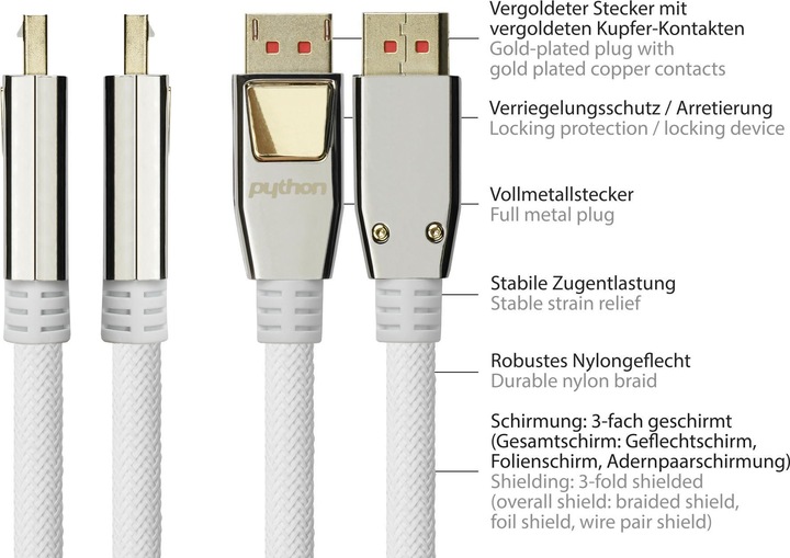 Produktbild Python PYT M0222 DP 1.4 auf HDMI 2.0 A Stecker, Nylon, 4K@60Hz, 2 m, weiss (2 m, HDMI)