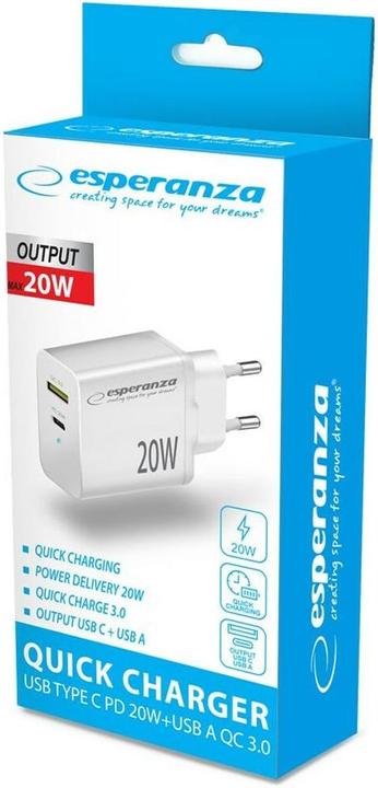 Produktbild Esperanza Quich Power Charger 20W USB-C PD 20W / USB-A QC 3.0 18W Weiss (20 W, 2 Ports)